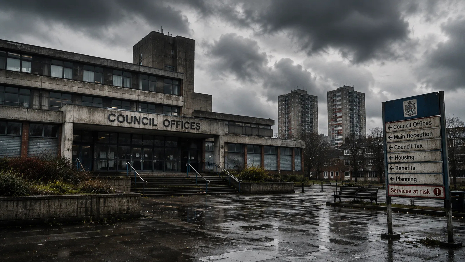 A composite illustration: a sweep of English council buildings under a heavy sky, the shadow of Section 114 across the rooftops.
