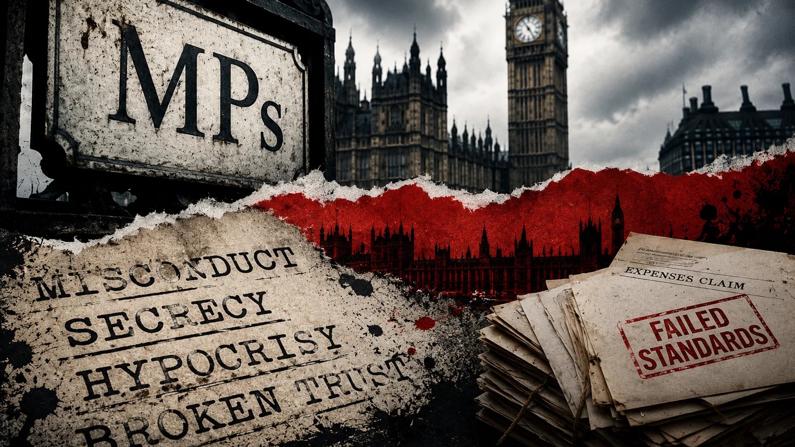 A weathered 'MPs' street sign before a storm darkened Houses of Parliament, torn red paper across the middle, the words misconduct, secrecy, hypocrisy and broken trust, and an expenses claim stamped Failed Standards.